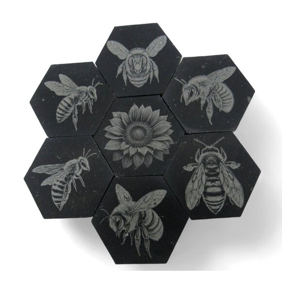 Hexagon BEE TILES Set of 7 Engraved Bees and Flower 3" Mosaic Tile - Picture 2 of 11